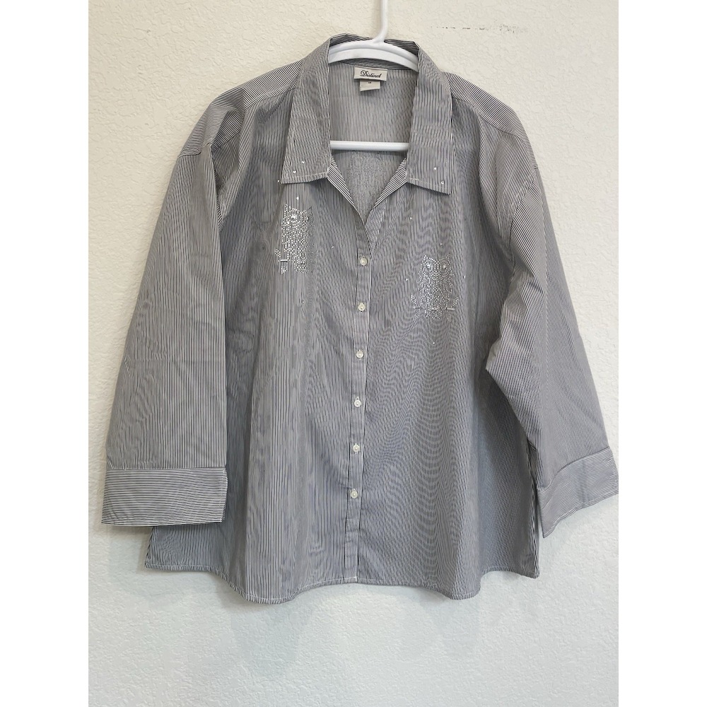 Embellished Owl Shirt Women's 1X Button Down‎ Long Sleeve Striped Black & White